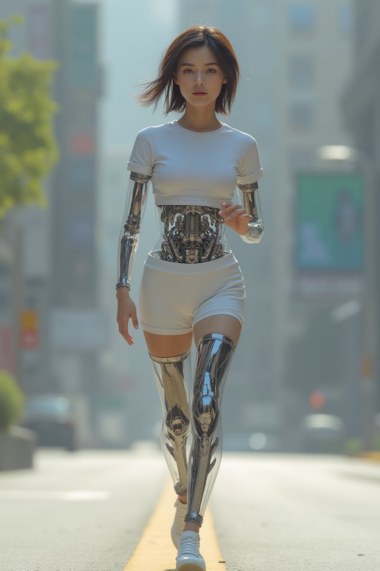 A beautiful Korean robot girl is wearing tshirts and miniskirt, running in daylight street, exmachina, ava, photography, high resolution,