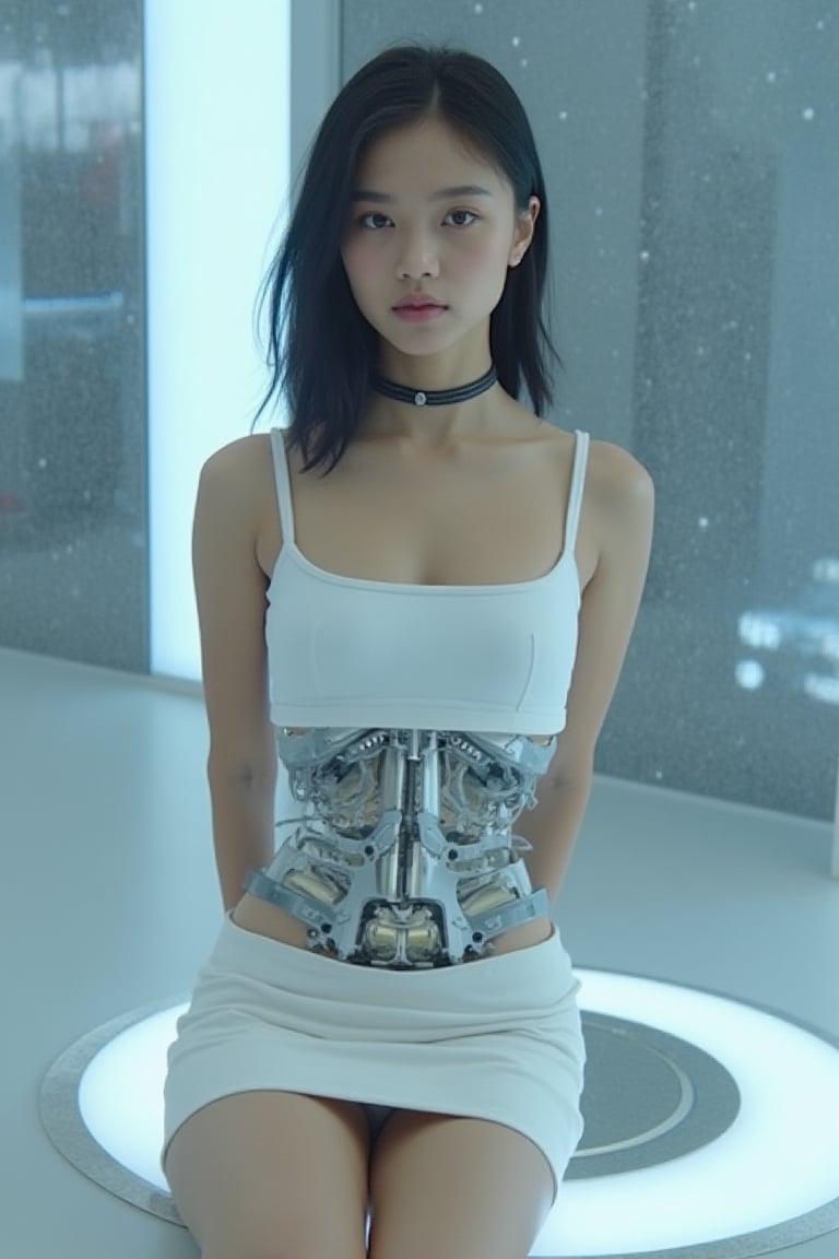 A beautiful Korean robot girl is wearing white tanktop and white microskirt, sitting in test chamber, exmachina, ava, photography, high resolution,