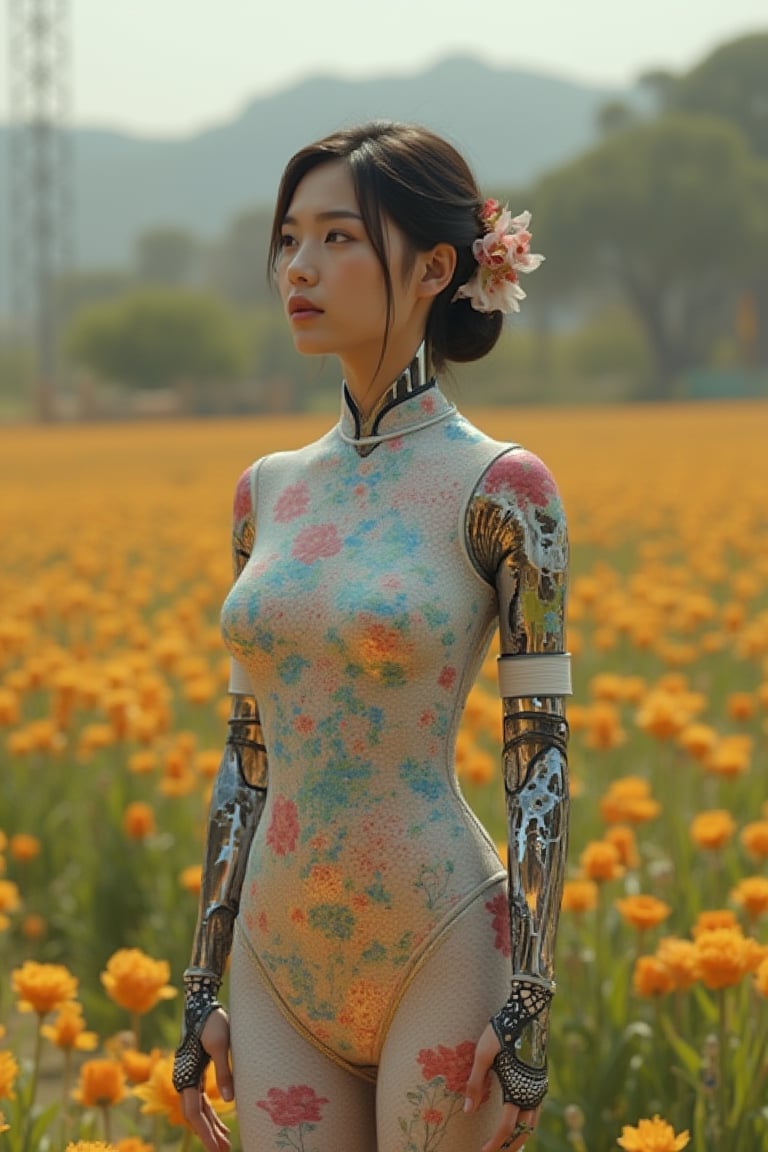 A beautiful Korean robot girl is wearing tight chinadress, in a flower garden, exmachina, ava