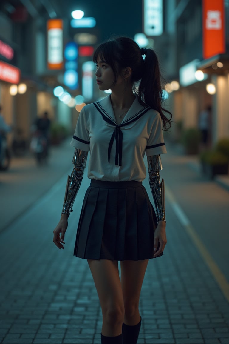 A beautiful Korean robot girl is wearing school uniform, walking in night street, exmachina, ava