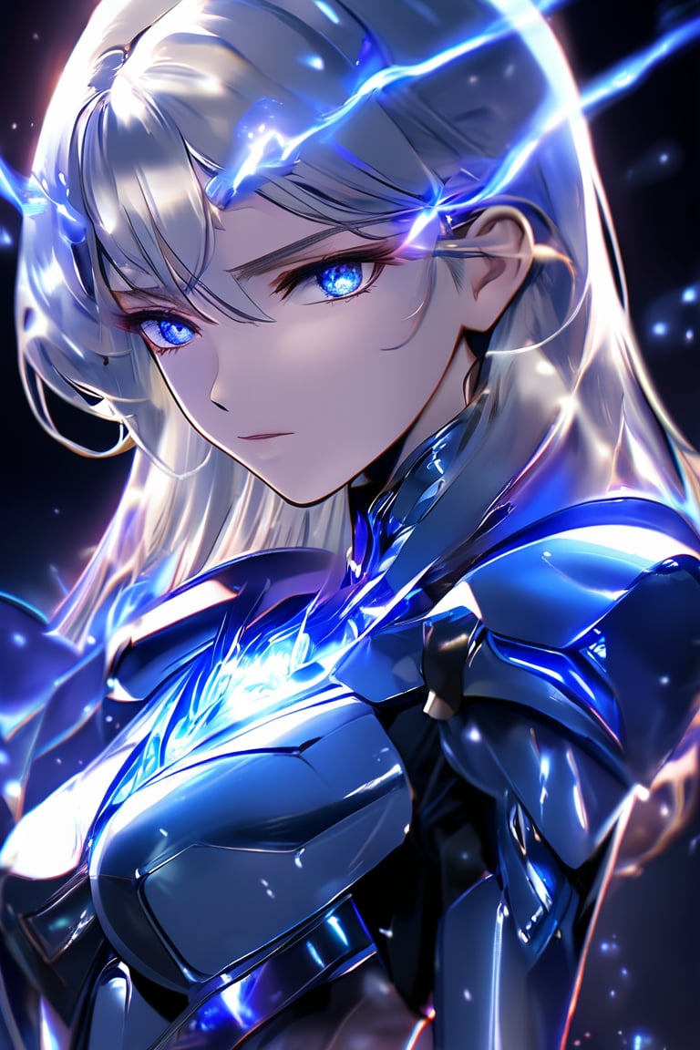 1girl, portrait, seducing, blue flame, glowing eyes, glowing aura, aura, sparkles, shiny armor