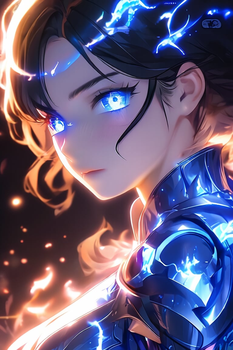 1girl, portrait, seducing, blue flame, glowing eyes, glowing aura, aura, sparkles, shiny armor