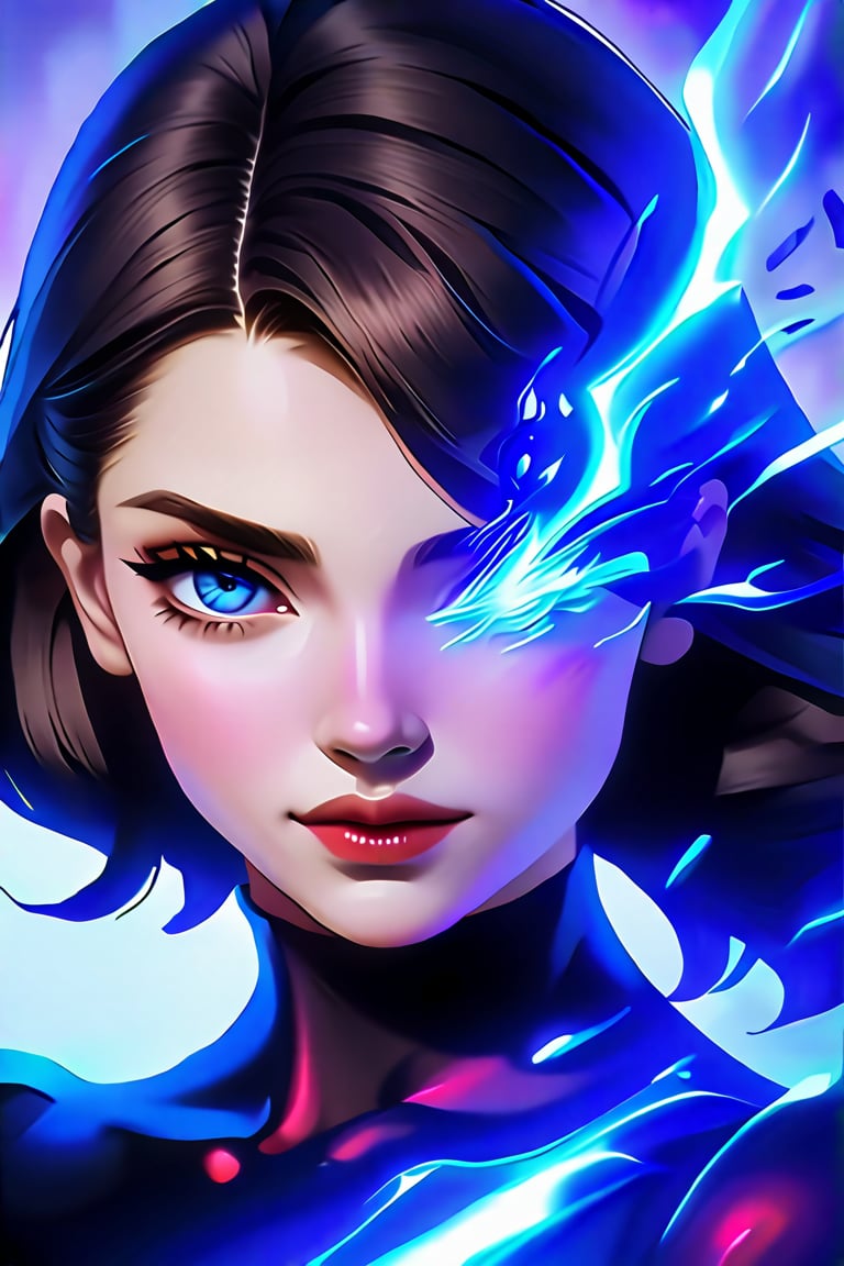 1girl, portrait, seducing smile, blue flame, glowing eyes, glowing aura, aura,