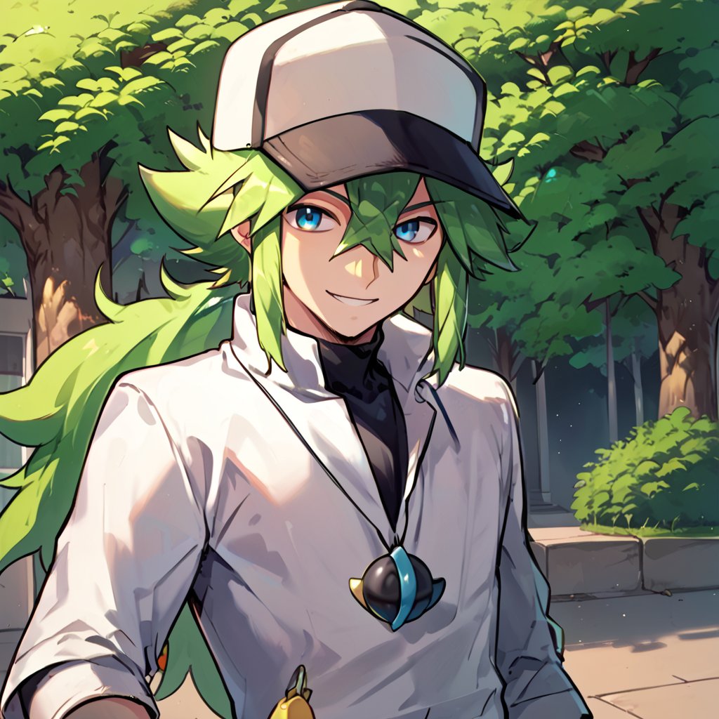 score_9, score_8_up, score_7_up, score_6_up, score_5_up, score_4_up, source_anime, 1boy, ,male focus, looking at viewer,
outdoor, park, smile,
n \(pokemon\) , baseball cap , hair between eyes , hair between eyes , blue eyes , long hair , green hair, ponytail, little planet necklace,