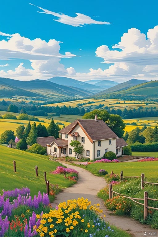 flower, outdoors, sky, day, cloud, tree, blue sky, no humans, cloudy sky, grass, building, nature, scenery, mountain, yellow flower, fence, purple flower, road, bush, field, house, path