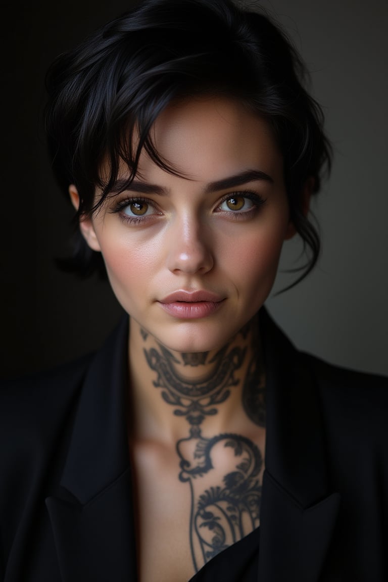 Realistic photo, healthy young woman of 20 years old, big eyes, focused short black hair, focused on muscles, tattoo on neck, wearing black suit and shirt, and, middle-aged wealthy businessman, round face, slightly bald, (best quality, 4k, 8k, high resolution, masterpiece: 1.2), highly detailed, (realistic: 1.37), portrait, high contrast, dramatic lighting, cinematic,