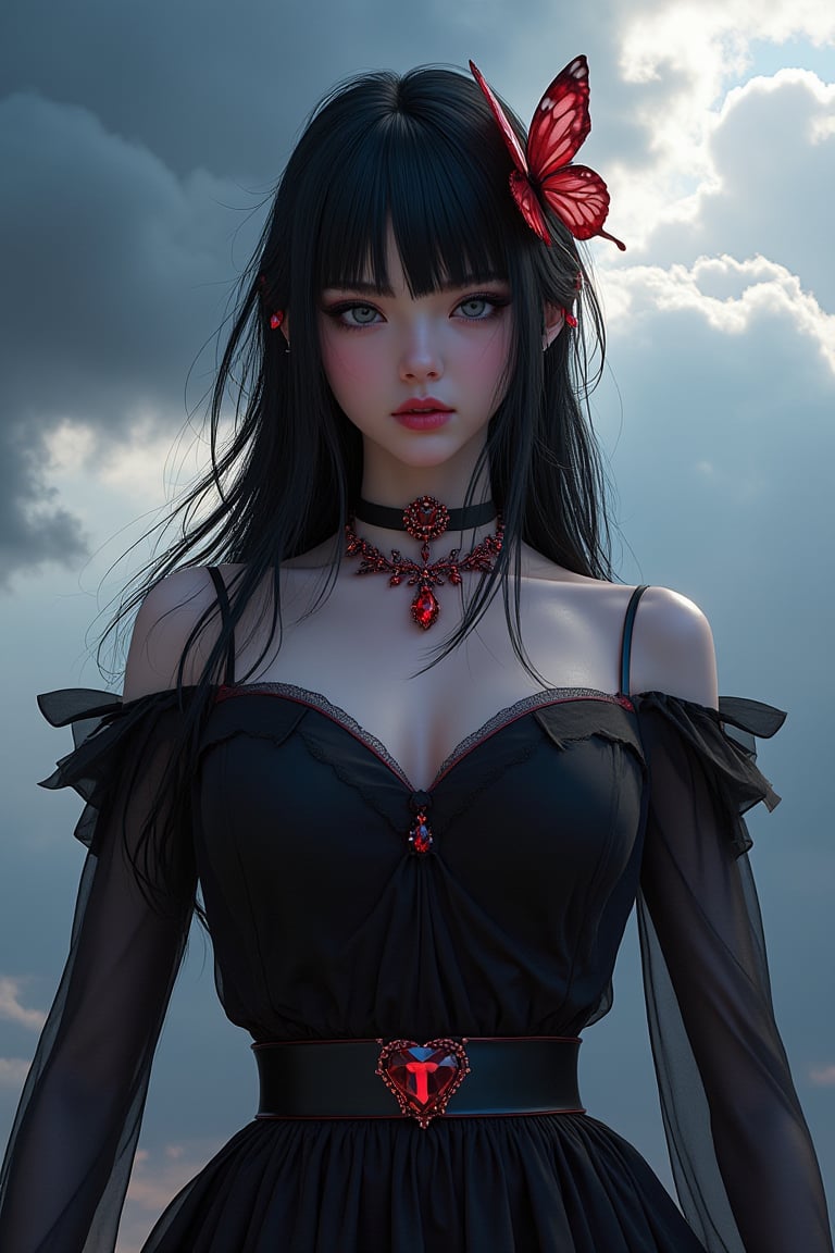 A stunning 8K resolution photograph capturing a mature girl with an expressionless face, set in a dark fantasy realm with cinematic lighting. Her long, messy black hair and bangs frame her forehead, contrasting with her piercing blue eyes and glossy pink lips. She wears a pure black short dress with dark red accents at the sleeves and skirt, complemented by an exquisite diamond belt and a hairpin featuring a red butterfly. Her figure is close to the golden ratio, accentuated by delicate hand shapes and a luxurious red and black crystal necklace. She stands out against a dramatic sky of dark clouds and flashes of light between white clouds, adding depth and atmosphere to the scene. The overall composition is intricate and detailed, showcasing lifelike textures and a splash art style that elevates the artwork to a masterpiece of the highest quality.