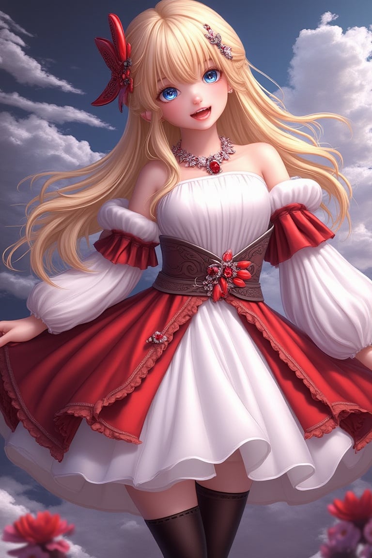 Happy expression, Realistic photo:1.1, (Dark fantasy), (Awesome concept art), (Detail splash), Blonde long hair, blue eyes, girl, pure white dress, color only, the sleeve ends and skirt part are dark red.., There is a sparkling diamond belt around the waist, a red butterfly hairpin next to the ear..., Masterpiece, Top quality, High quality, Red and black crystal necklace, Black knee socks, Dark clouds and white clouds, Flash,