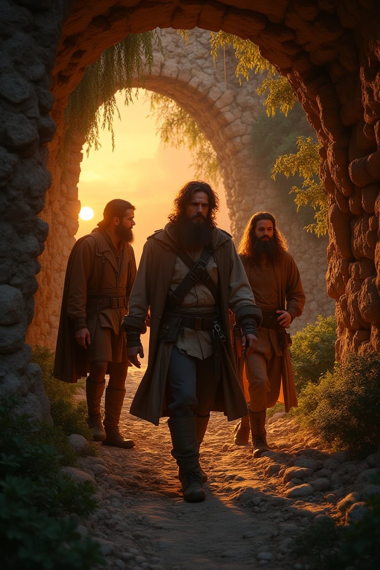 A group of adventurers, dressed in rugged, medieval attire, explore ancient ruins under a dim, golden sunset light. They are framed in a dynamic composition, with one pointing towards a hidden alcove, suggesting the discovery of lost treasure. The scene is set amidst crumbling stone arches and overgrown foliage, emphasizing the ruins' age and mystery. The adventurers' expressions are a mix of excitement and caution, capturing the thrill of the hunt.