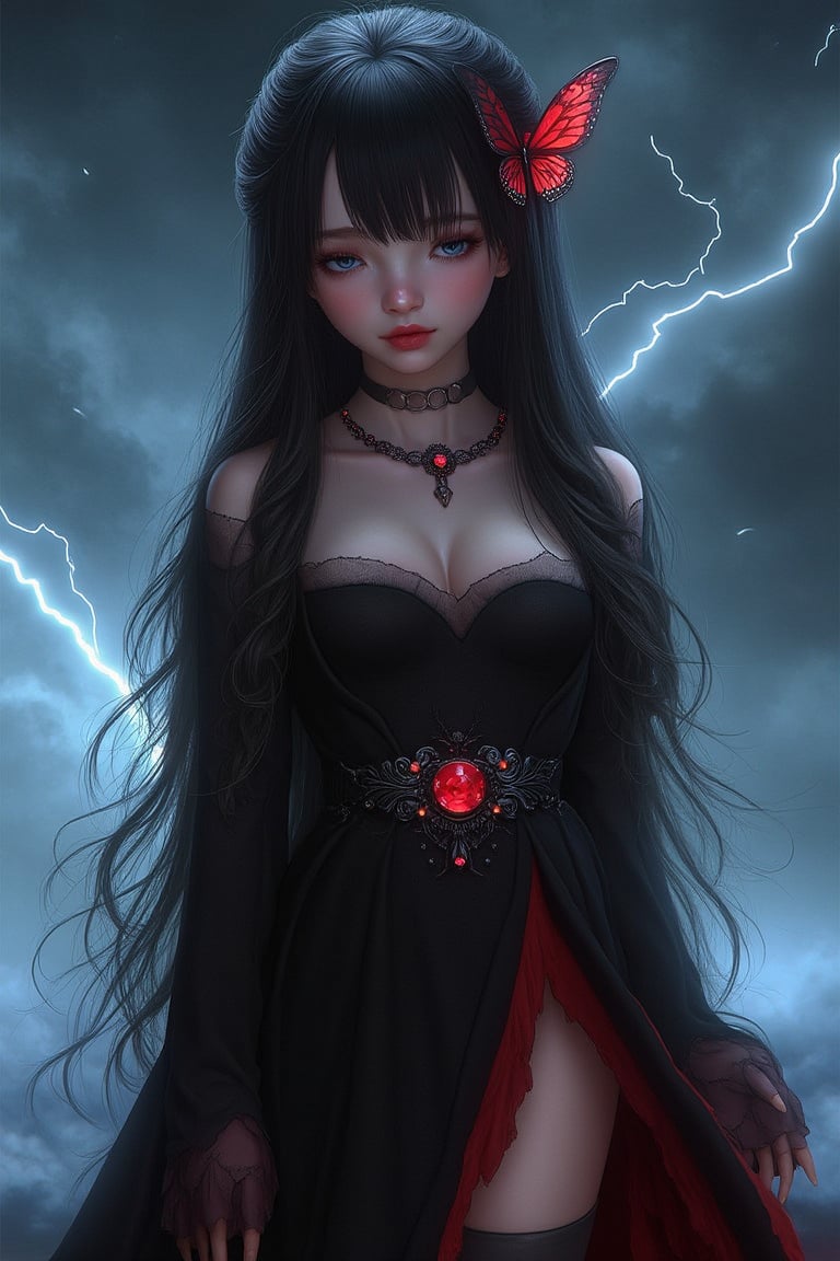 expressionless, realistic photo, (dark fantasy), (Awesome concept art), (Detail Splash), long black hair, blue eyes, girl, pure black dress, Color only, The sleeve ends and skirt part are dark red.., A sparkling diamond belt around the waist, There is a red butterfly hairpin next to the ear..., masterpiece, best quality, high quality, red and black crystal necklace, black knee socks, dark clouds, Lightning with a flash, thunderbolts,