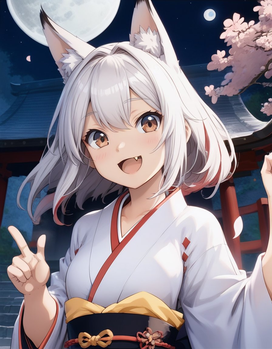 masterpiece, best_quality, BREAK,1girl,fox_ears,silver_hair,skin_fang,smile,open_mouth,kimono,hitodama, shrine,moon_night,upper_body,