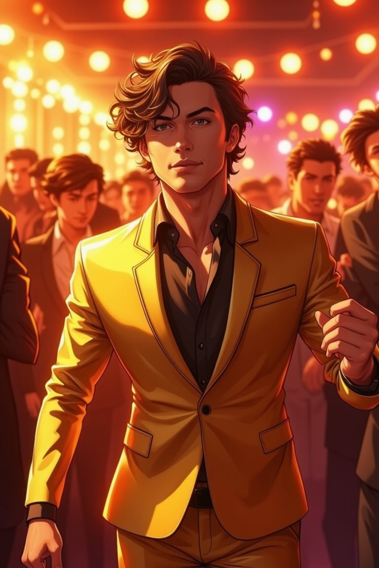 Handsome man wearing gold suit, in party, happy vibes, anime style 