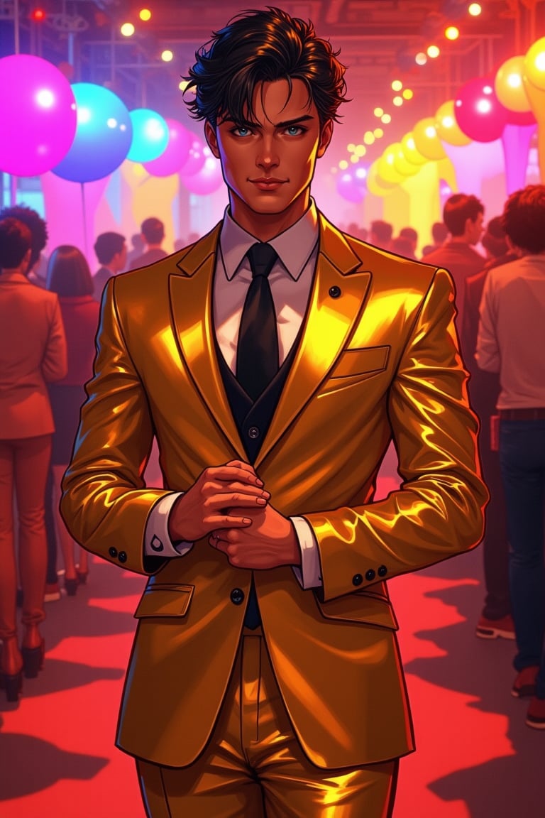 Handsome man wearing gold suit, in party, happy vibes, anime style 