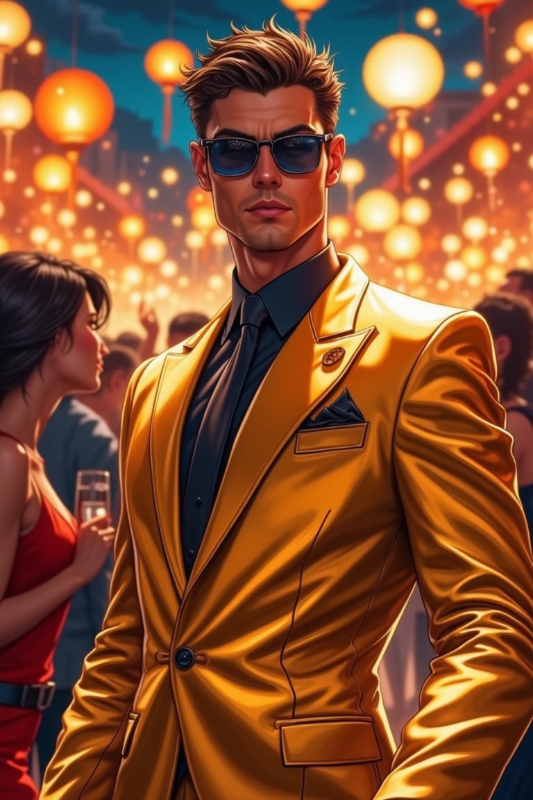 Handsome man wearing gold suit, in party, happy vibes, anime style 