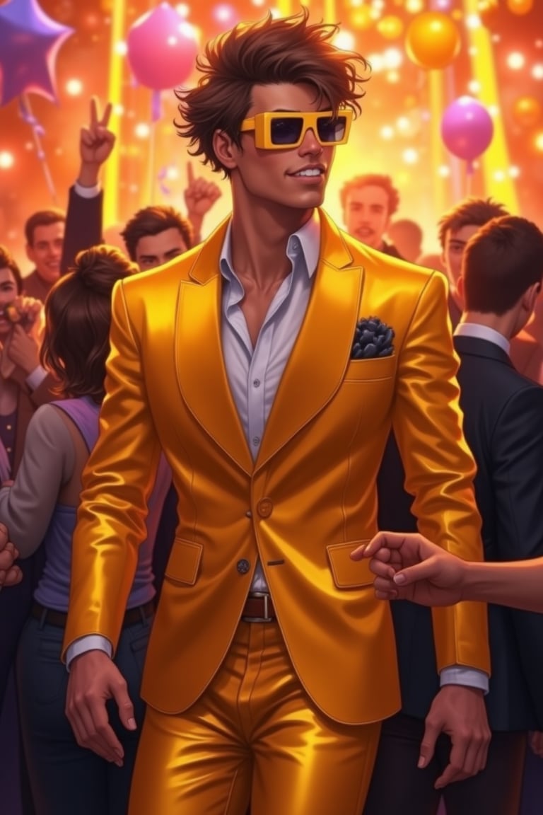 Handsome man wearing gold suit, in party, happy vibes, anime style 