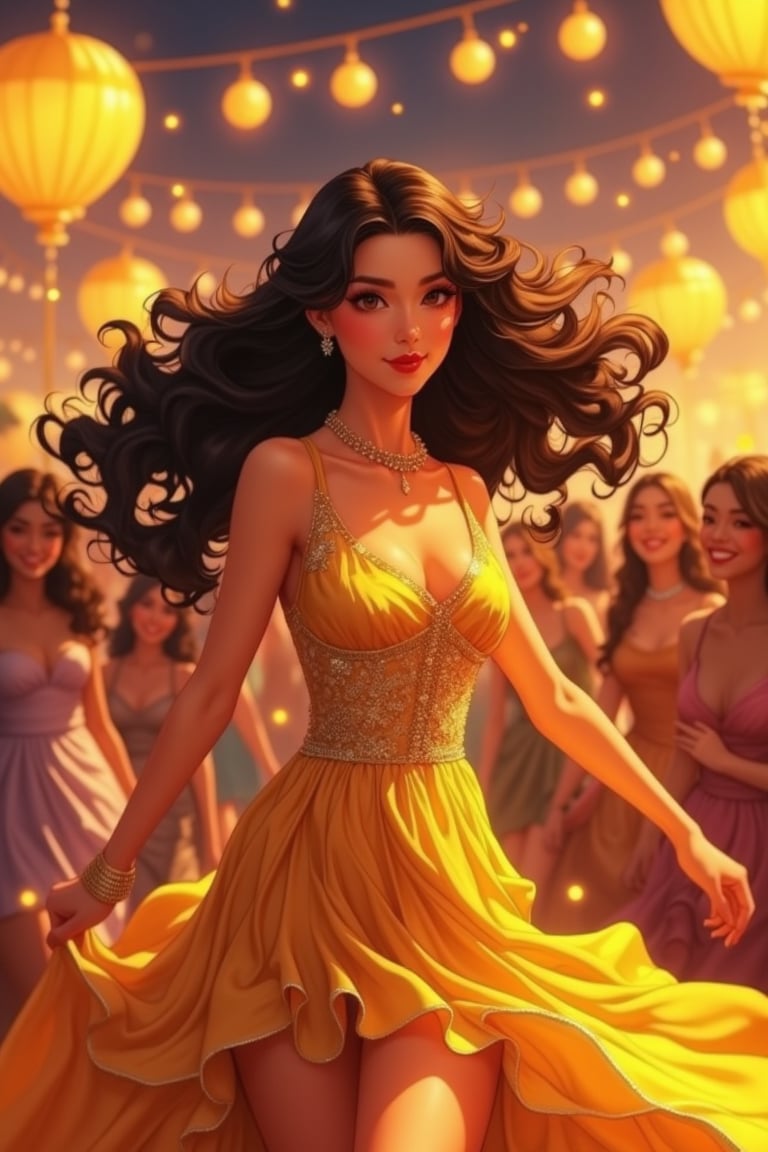 Beautiful woman wearing gold dress in party, happy vibes, anime style,Manga styLe 