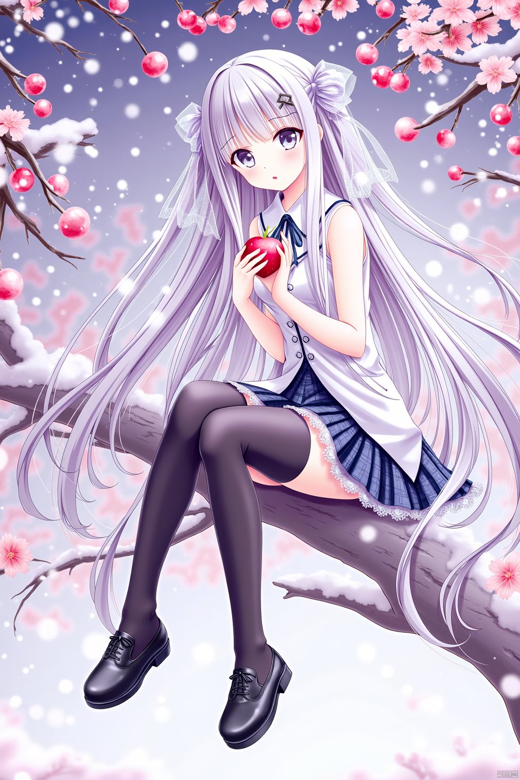 A young girl with long hair, wearing thigh-highs and a sleeveless shirt, sits on a branch in the snow. She has very long hair, dons black thigh-highs and shoes, and holds a red flower and food. Her head is tilted, and she has black thigh-highs and grey eyes. The girl is holding a fruit and a bird, wearing a pleated skirt, white shirt, and black footwear. She has parted lips and a see-through hair ribbon. It's snowing, and the girl looks at the viewer with a surprised expression.