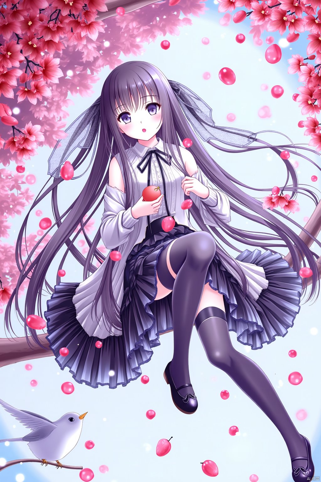 A young girl with long hair, wearing thigh-highs and a sleeveless shirt, sits on a branch in the snow. She has very long hair, dons black thigh-highs and shoes, and holds a red flower and food. Her head is tilted, and she has black thigh-highs and grey eyes. The girl is holding a fruit and a bird, wearing a pleated skirt, white shirt, and black footwear. She has parted lips and a see-through hair ribbon. It's snowing, and the girl looks at the viewer with a surprised expression.