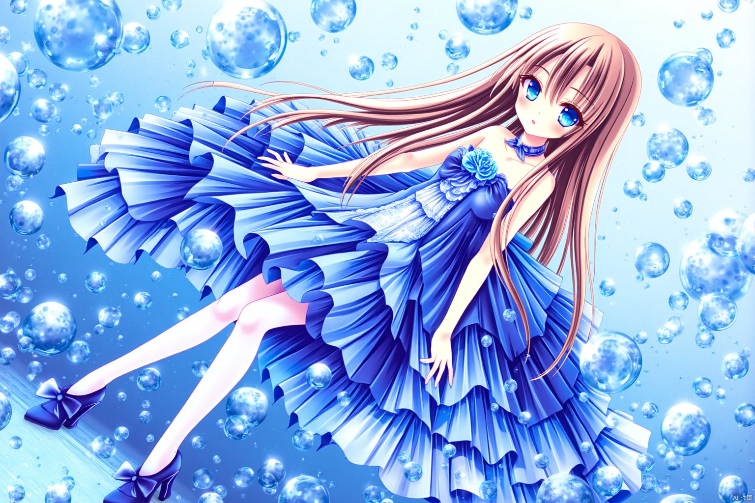 A solo girl with blue eyes and very long hair is wearing a blue-themed dress adorned with frills and bubbles, giving an underwater feel. She has a choker around her neck and is standing in a scene with air bubbles rising. Her outfit includes a frilled dress, rose flowers, and she is looking directly at the viewer. The girl's hair is long and brown, and she is wearing high heels and pantyhose. The dress she wears is blue, and her bare shoulders are visible.