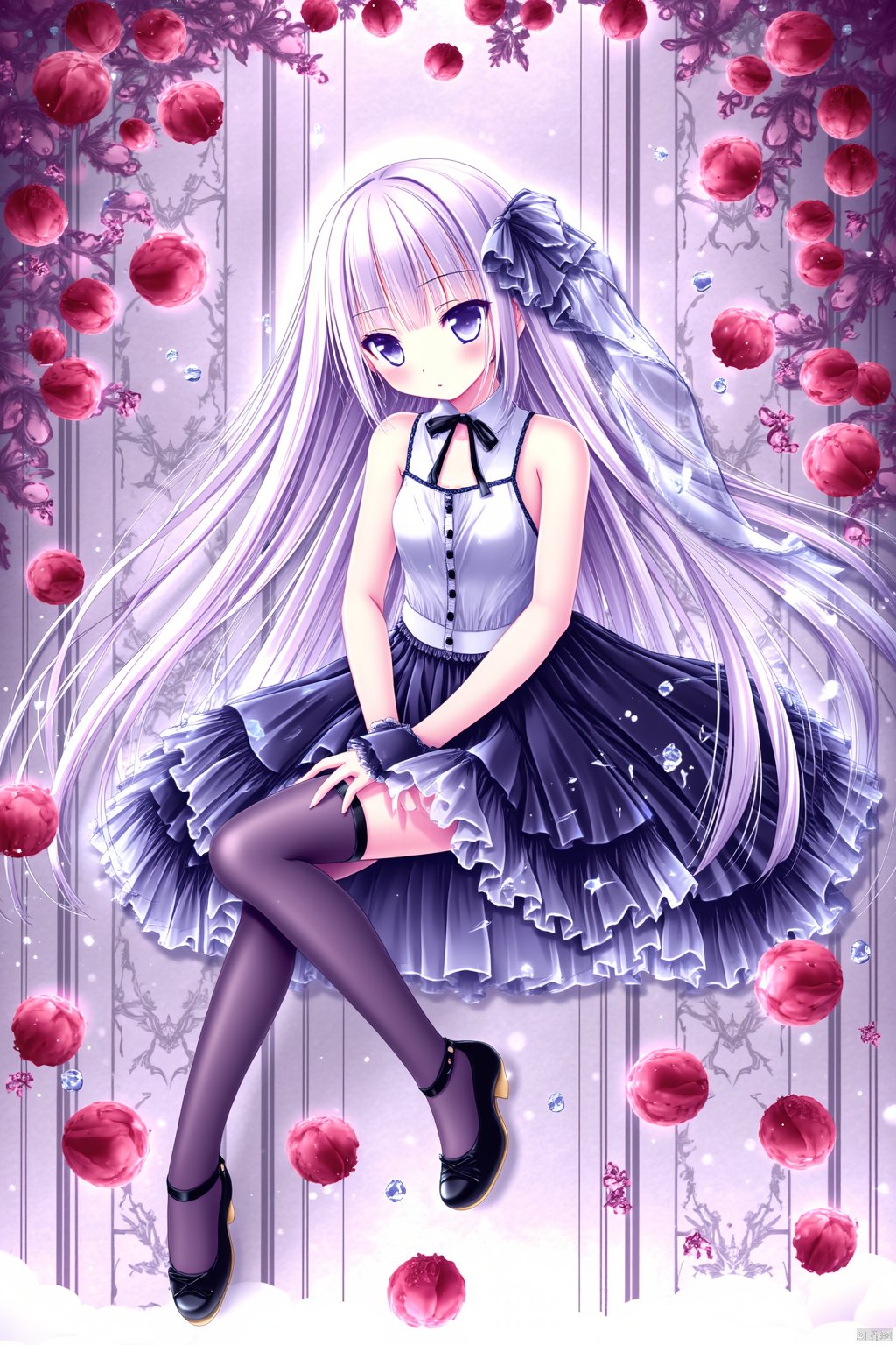 A young girl with long hair, wearing thigh-highs and a sleeveless shirt, sits on a branch in the snow. She has very long hair, dons black thigh-highs and shoes, and holds a red flower and food. Her head is tilted, and she has black thigh-highs and grey eyes. The girl is holding a fruit and a bird, wearing a pleated skirt, white shirt, and black footwear. She has parted lips and a see-through hair ribbon. It's snowing, and the girl looks at the viewer with a surprised expression.