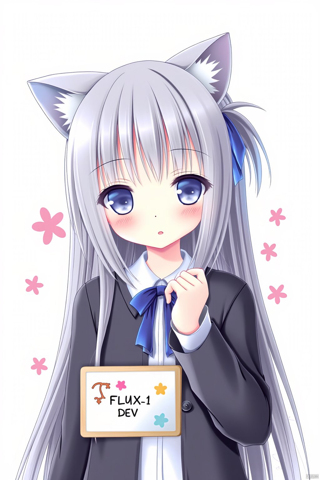 a single girl with sleeves extending past her wrists, faces the viewer. she sports animal ears and closed eyes, donning a white shirt against a white backdrop. her grey hair is adorned with a cat ear headband, and she smiles while holding a bow, exhibiting blush stickers and a hair ornament. wearing a hood that's down, she also has a blue bow in her long hair. clad in a black jacket over a collared shirt, the setting features a simple background. she holds up a sign with the text "FLUX.1 DEV", her hair parted between her eyes, secured by a hairclip. with long sleeves reaching past her fingers, her mouth is open, and the image focuses on her upper body. a sense of playfulness is captured in her ":d" expression, emphasized by the sign she's holding, and her hooded jacket rests open, revealing a hint of blush. whiskers accentuate her cat-like appearance, and her clothes are slightly open, adding to the casual charm.