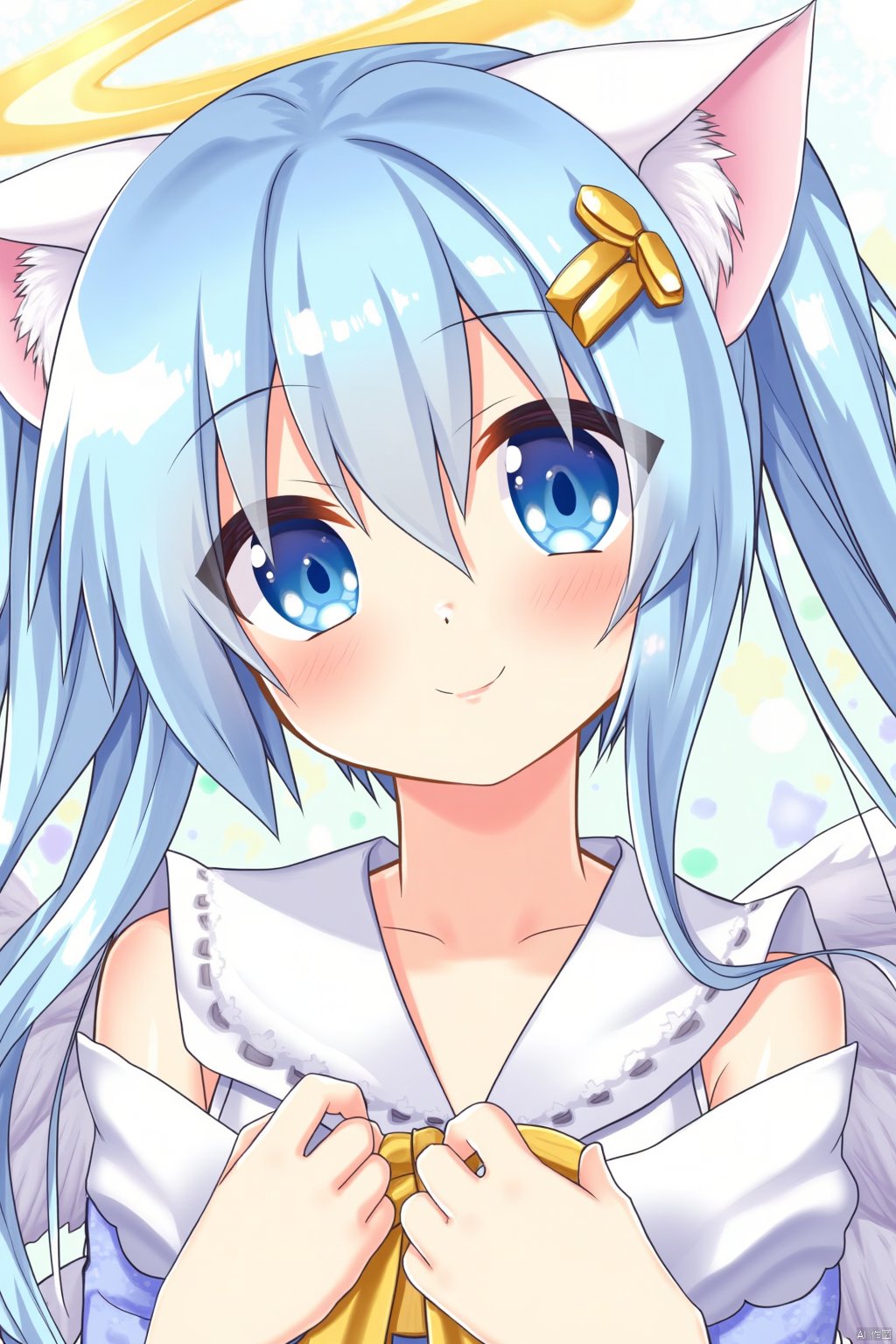 Artist yano_mitsuki,A high-quality image of Yano Mitsuki, also known as Nanairo, celebrating a milestone with her Uchi no Pet Jijou. She has blue hair, cat ears, and angel wings, adorned with hair ornaments and a hairclip. Her eyes are blue, and she has a friendly smile, looking directly at the viewer. This solo image features twintails and showcases her neck, accompanied by a request for comments. It's a celebration of her achievements as an artist.