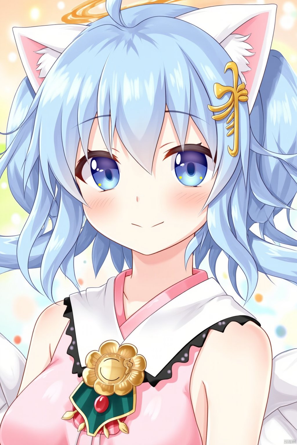 Artist yano_mitsuki,A high-quality image of Yano Mitsuki, also known as Nanairo, celebrating a milestone with her Uchi no Pet Jijou. She has blue hair, cat ears, and angel wings, adorned with hair ornaments and a hairclip. Her eyes are blue, and she has a friendly smile, looking directly at the viewer. This solo image features twintails and showcases her neck, accompanied by a request for comments. It's a celebration of her achievements as an artist.