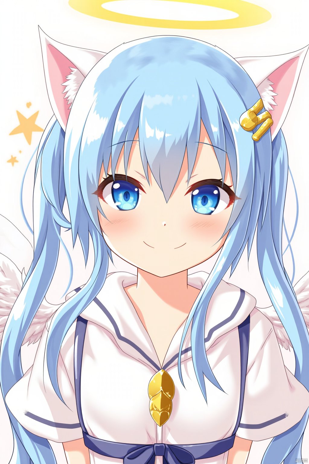 Artist yano_mitsuki,A high-quality image of Yano Mitsuki, also known as Nanairo, celebrating a milestone with her Uchi no Pet Jijou. She has blue hair, cat ears, and angel wings, adorned with hair ornaments and a hairclip. Her eyes are blue, and she has a friendly smile, looking directly at the viewer. This solo image features twintails and showcases her neck, accompanied by a request for comments. It's a celebration of her achievements as an artist.