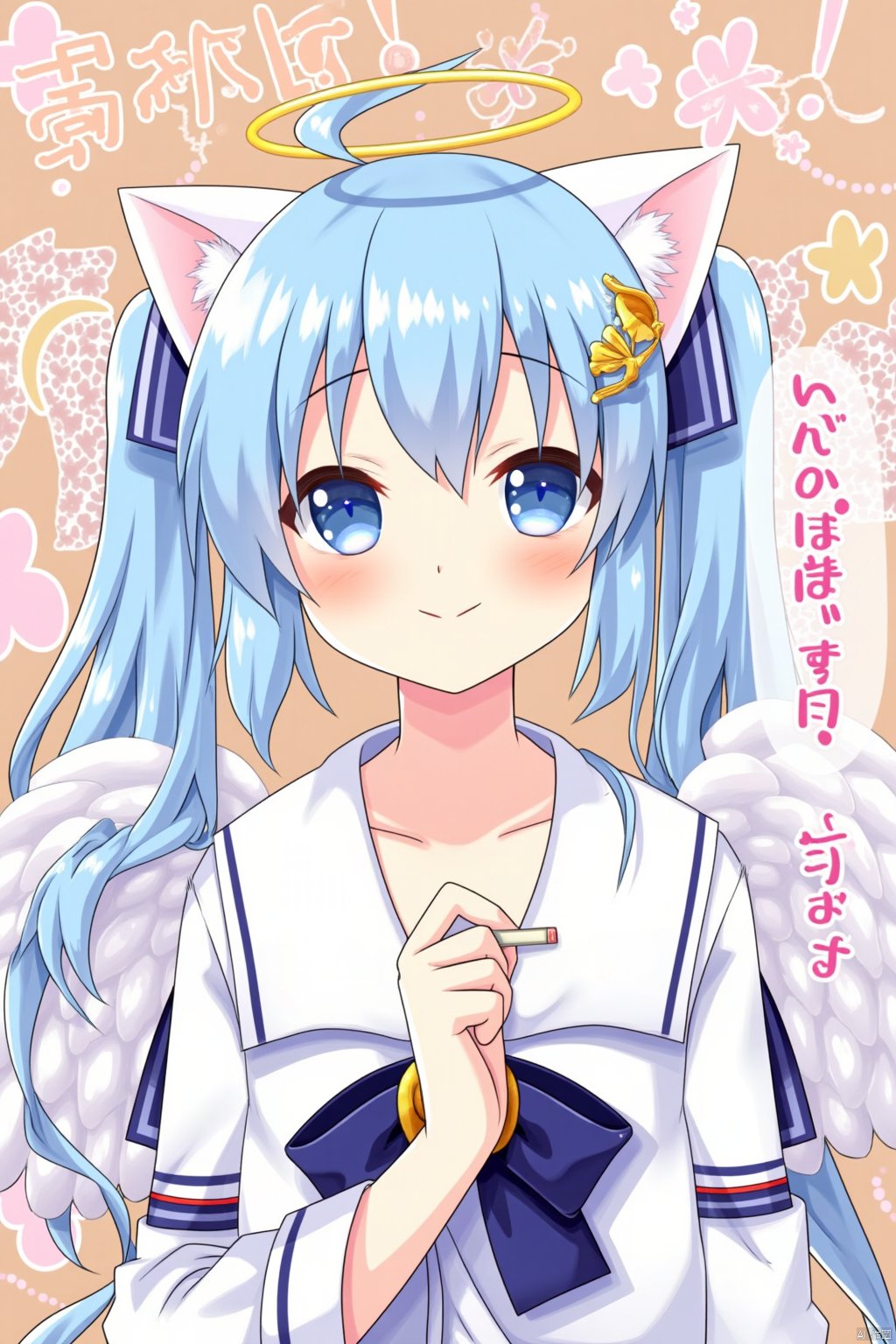 Artist yano_mitsuki,A high-quality image of Yano Mitsuki, also known as Nanairo, celebrating a milestone with her Uchi no Pet Jijou. She has blue hair, cat ears, and angel wings, adorned with hair ornaments and a hairclip. Her eyes are blue, and she has a friendly smile, looking directly at the viewer. This solo image features twintails and showcases her neck, accompanied by a request for comments. It's a celebration of her achievements as an artist.