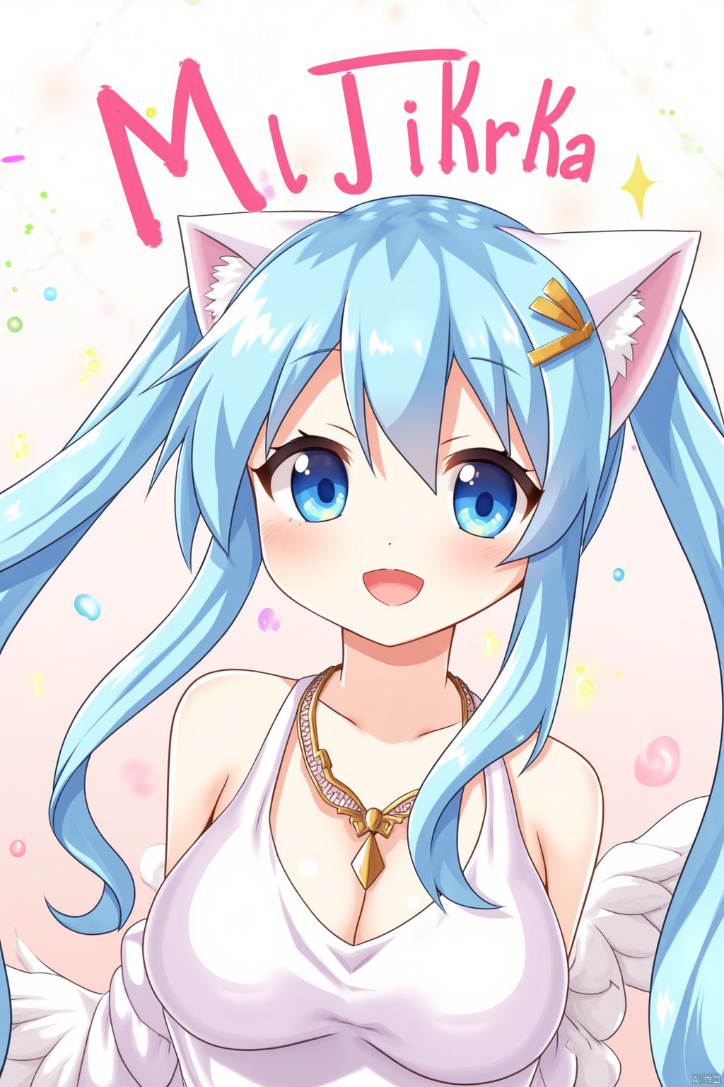 Artist yano_mitsuki,A high-quality image of Yano Mitsuki, also known as Nanairo, celebrating a milestone with her Uchi no Pet Jijou. She has blue hair, cat ears, and angel wings, adorned with hair ornaments and a hairclip. Her eyes are blue, and she has a friendly smile, looking directly at the viewer. This solo image features twintails and showcases her neck, accompanied by a request for comments. It's a celebration of her achievements as an artist.