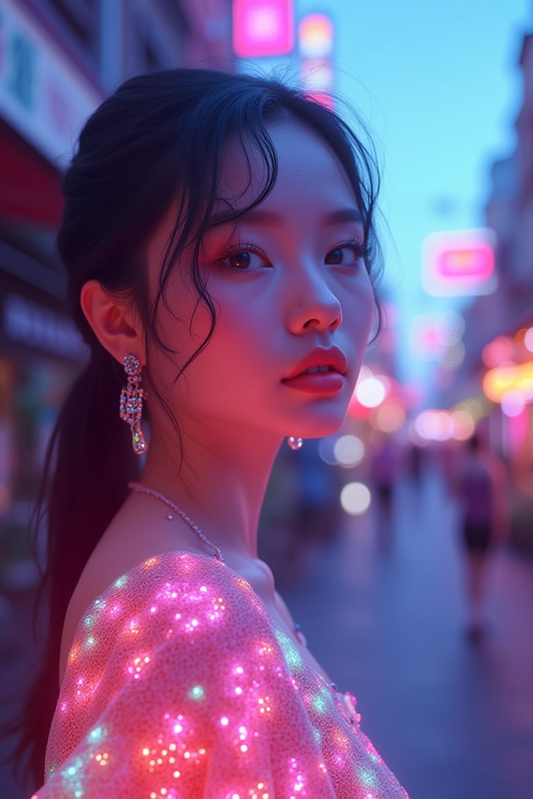 Capture a hyper-realistic 8K photo masterpiece featuring a beautiful face with translucent luminous qualities, shot in natural light to enhance its realism. The upper body angle focuses on delicate features, meticulously detailed and accurately rendered, akin to a hand drawing. The dynamic colors contrast against a bright background of a street lined with buildings under a clear sky. The image is characterized by its fluorescent, glowing, and bioluminescent elements, all exquisitely detailed to ensure the highest quality. This photo, with its bright background and amazing level of detail, stands out as a testament to hyper-realistic photography.,Top quality, very detailed and delicate details description:1.2,