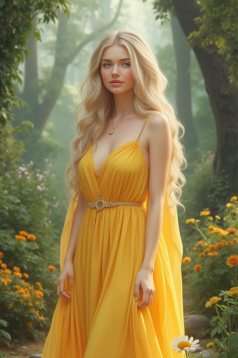 Artistic style: Realistic, soft, mixed colors and delicate lines.
Subject: Beautiful woman in flowing yellow dress,
Detailed image: The woman has long, blond hair that falls like awaterfall behind her back. Her skin is pale and porcelain, with only a slight blush on her cheeks. She stands gracefully,
Environmental description: The scene takes place in a magical forest, with majestic trees and lush foliage surrounding the surroundings.. Foggy and thick atmosphere, Give a soft glow to everything.
Atmosphere/Atmosphere: The atmosphere is calm and peaceful, a sense of tranquility and wonder permeating the scene..
Style execution: Create a dreamy feel using soft colors and delicate lines. Realistic style. (Detailed, highly saturated)