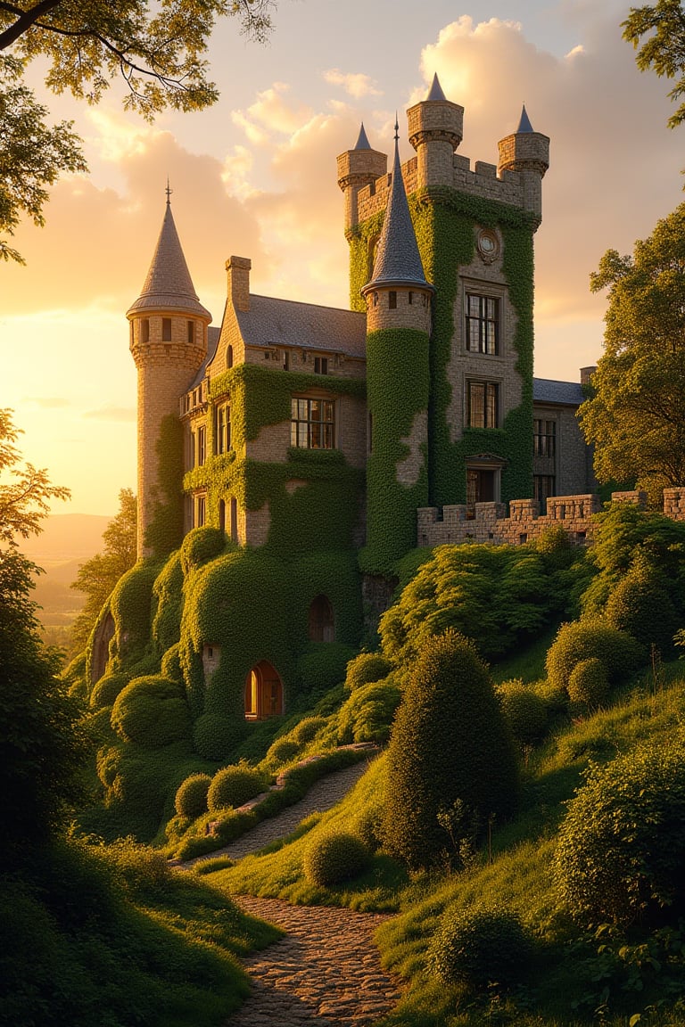 A grand ancient castle, covered in lush green ivy, stands majestically under the setting sun. The golden sunlight casts a warm glow, highlighting the intricate stonework and towering turrets. The composition frames the castle with a wide-angle view, capturing the expansive landscape and the sun's rays illuminating the scene. The ivy adds a touch of natural beauty, blending the castle with its surroundings.,Top quality, very detailed and delicate details description:1.2,