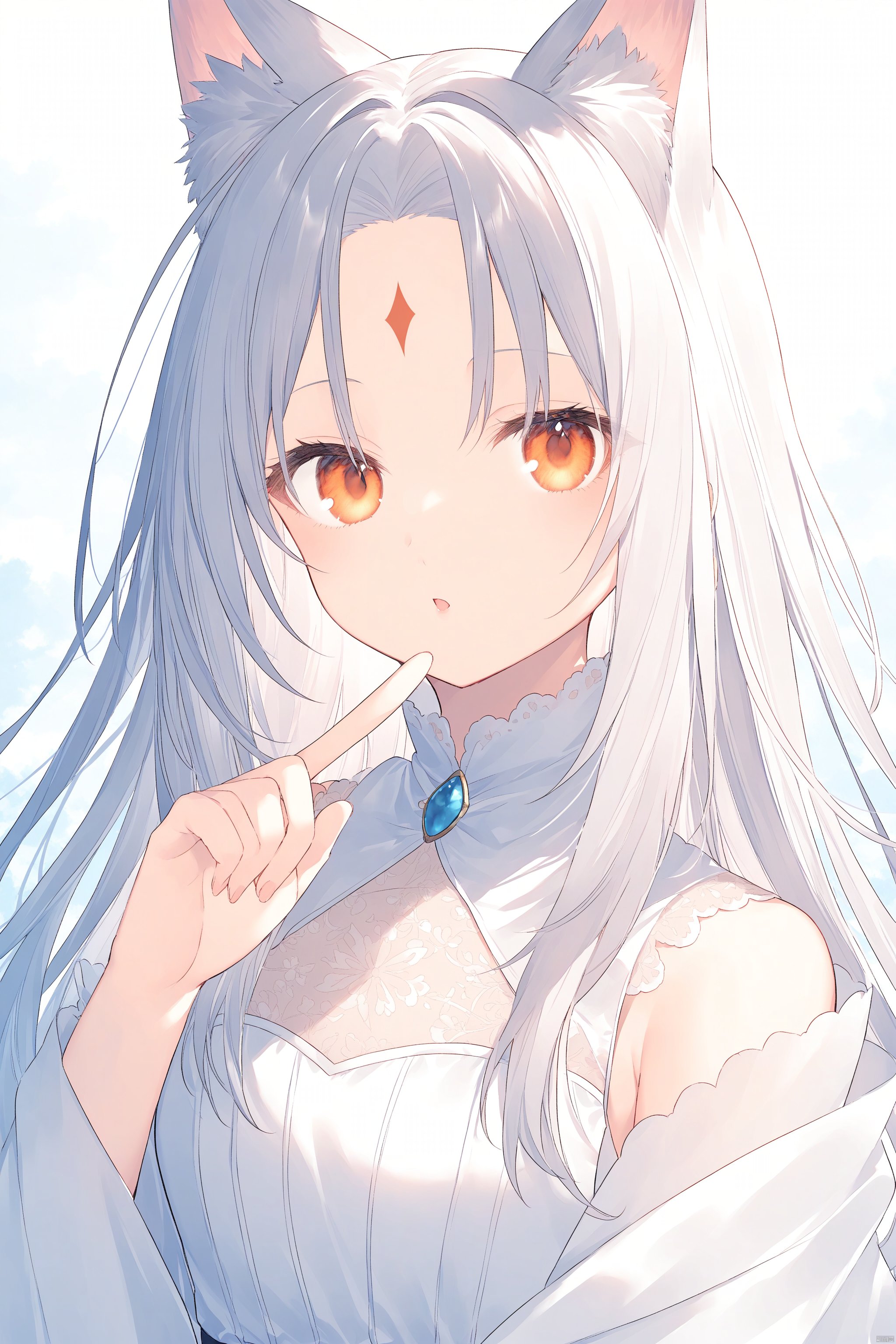 1girl, solo, orange eyes, looking at viewer, dress, white dress, grey hair, forehead mark, feather hair, bare shoulders, upper body, long hair, shawl, finger to mouth, parted lips, hagoromo, sleeveless, sleeveless dress, bangs, white hair, animal ears, hand up, long sleeves