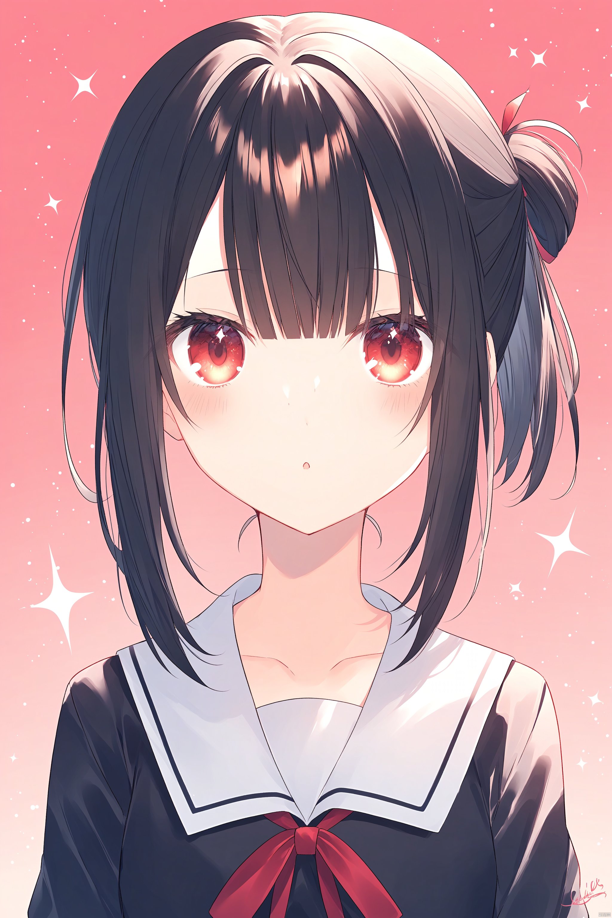 1girl, artist_name, bangs, black_dress, black_hair, blush, butterfly, collarbone, diffraction_spikes, dress, flower, folded_ponytail, glint, hair_ribbon, lens_flare, looking_at_viewer, neck_ribbon, parted_bangs, pink_background, red_background, red_eyes, red_ribbon, ribbon, sailor_collar, school_uniform, shinomiya_kaguya, shooting_star, short_hair, shuuchiin_academy_uniform, sidelocks, signature, solo, sparkle, sparkle_background, sparkling_eyes, starry_background, upper_body