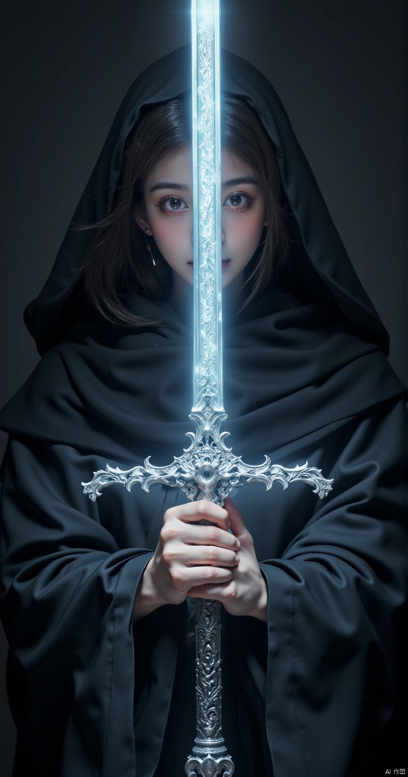 smooth, sharp, perfect composition, UHD, dark fantasy, retro filter, trending on artstation, detailed and ornate intricate masterwork sword imbued with a bright white glow that is very bright, hooded dark female mage, (focus on sword), female,     