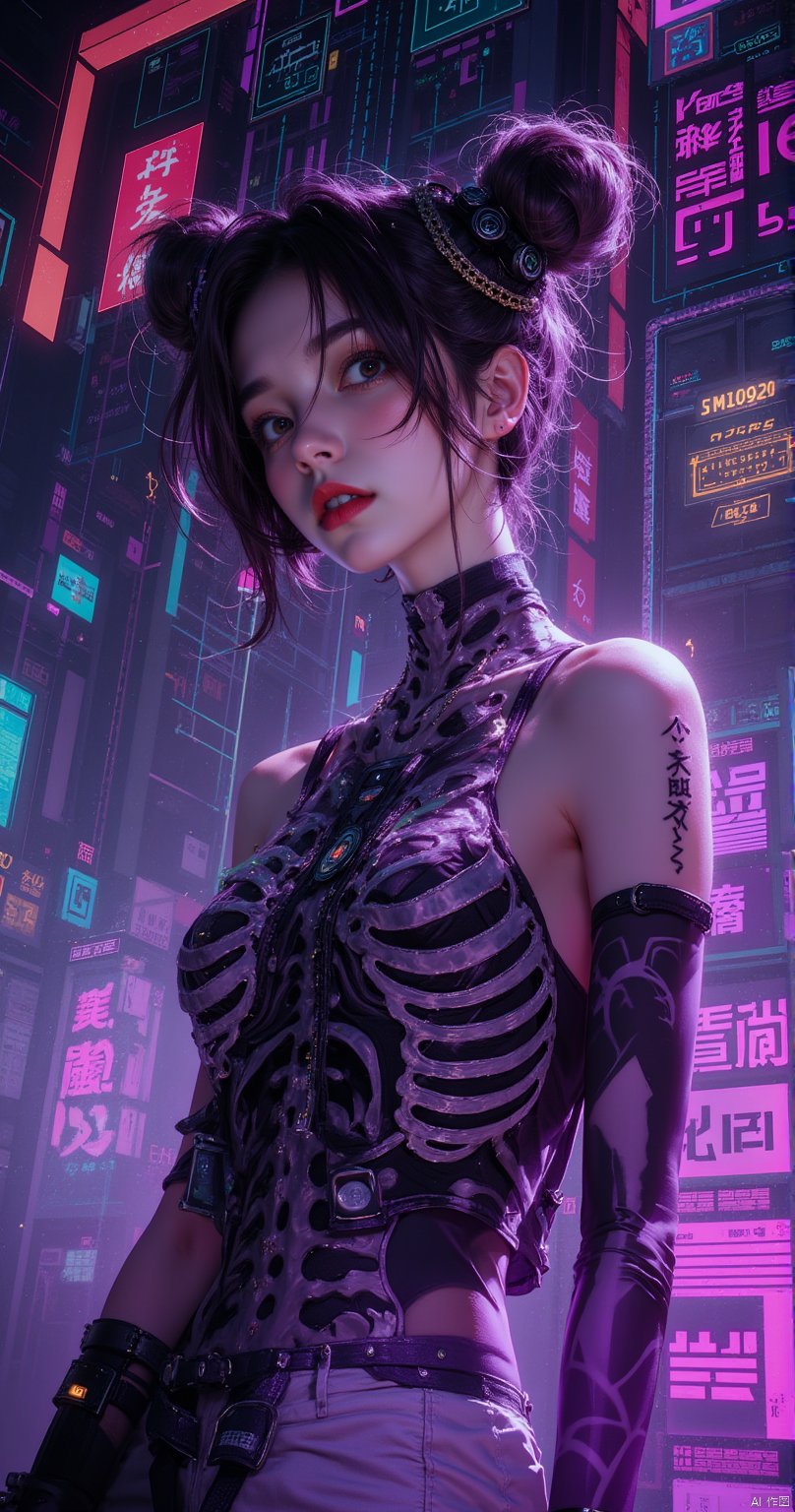 anime,1girl,solo,cyberpunk, ,s33thru,skeleton,hair decoration, medium breasts,short hair,double bun, holographic interface,navel,barcode tattoo, glitch,color error,color noise,glowing,exposed wire,sparks,expressiveh,fantasy