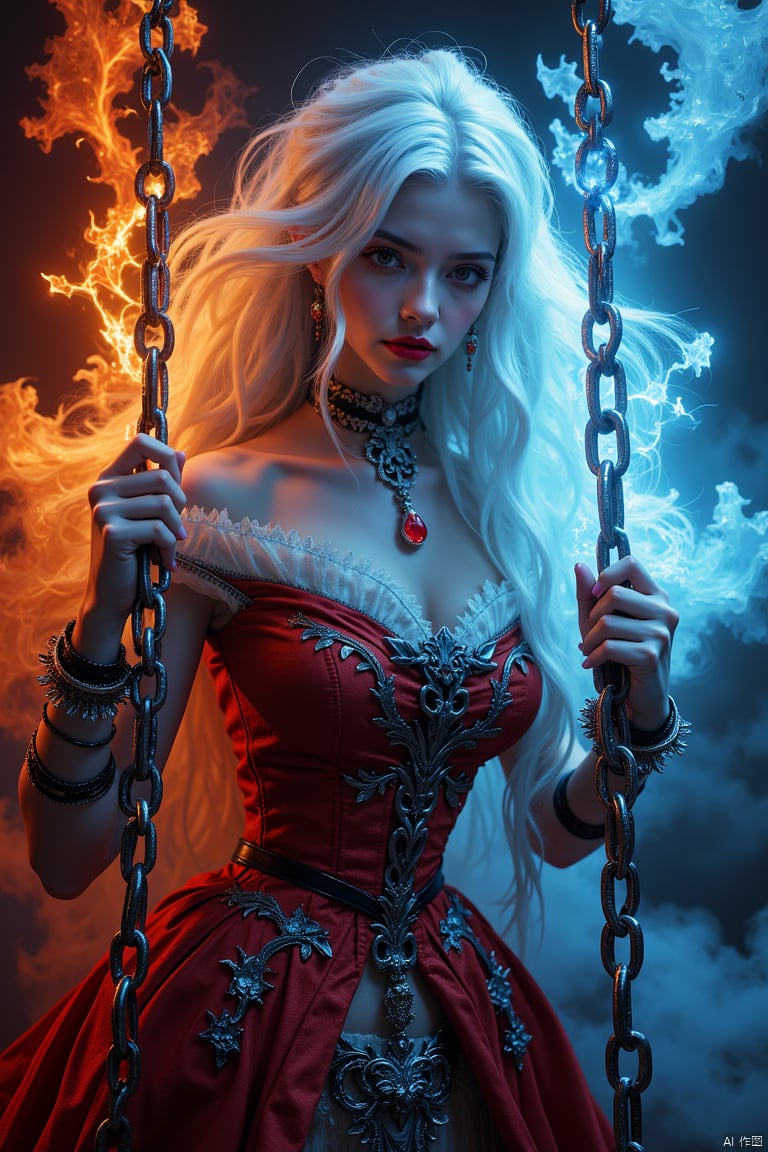 photo of a vampire queen,left hand grasp a chain with ice effect,right hand grasp a chain with fire effect,she wearing a victoria period with red and light blue color,long white hair,red eyes,the chain **** from steel and it floating in the air,big chain,focus on chain,fantasy