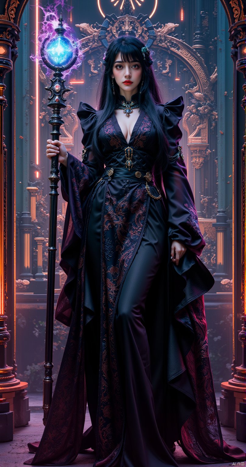 A powerful goth female mage with long dark hair, long bangs and intricate robes, holding a glowing magical staff,in a backdrop of a futuristic, neon-lit circuit board landscape, gothic art style, dark and moody, intricate details, rich colors, dramatic lighting, ornate patterns, medieval inspired, mysterious atmosphere, high contrast, artistic and elegant, perfect body anatomy, 
The female mage is in Classic Power Pose, Character with a strong stance, fists on hips.,fantasy