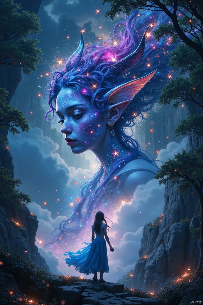 hyper detailed masterpiece, Dynamic, good quality,Liquor_dark,Elf portrait made of colorful stars,(Pointy-eared elves:1.5),flowing skirt,cigarette hair,jungle,firefly,unrealistic,The tree of life blooms with endless vitality,Twinkling stars in the night sky,Overlapping clouds and fog,Whimsical fantasy landscape art, Beautiful Art Ultra HD 8K, 8K highly detailed digital art, Beautiful and detailed fantasy, epic fantasy landscape, Mysterious and dreamy scenery, Magic fantasy very detailed, magical scenery, Made up of big snowflakes and dreamy floating fairy islands, Detailed fantasy digital art, 8K detailed digital art