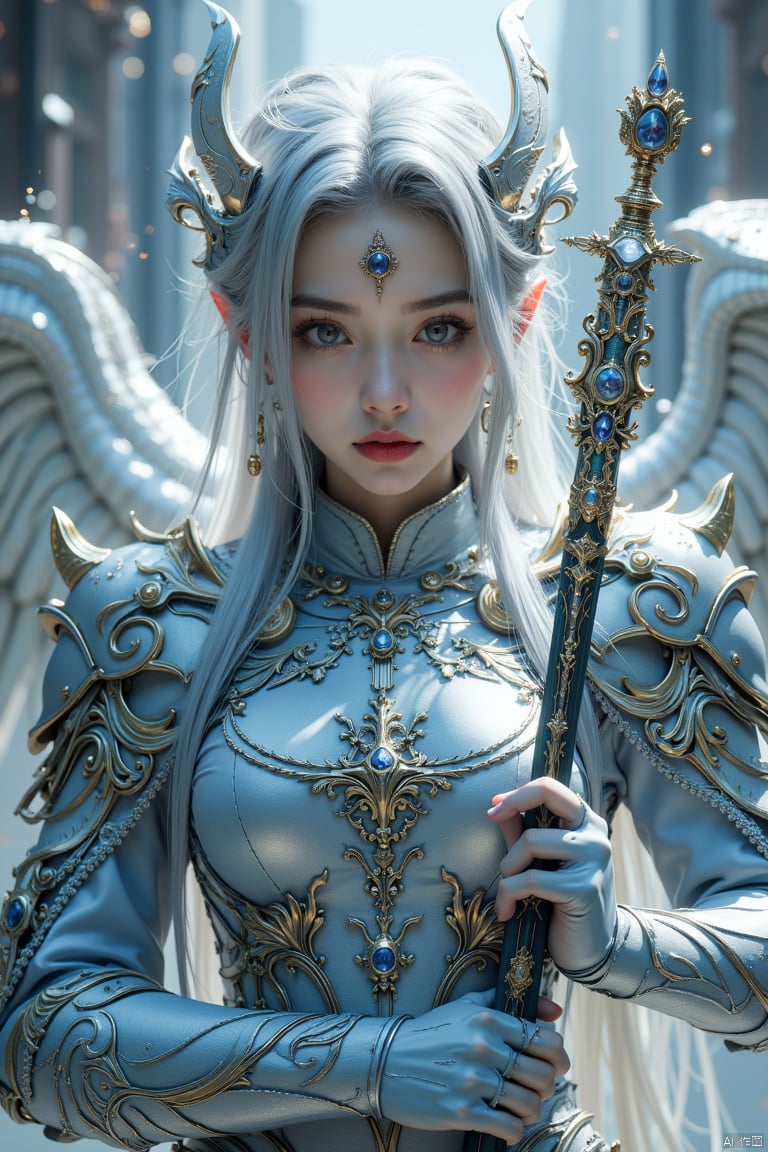 the Extremely Detailed CG Unity 8K Wallpapers、​masterpiece、top-quality、ultra-detailliert, beatiful detailed eyes, Detailed finger, frontal photos, Facing the front, The best lighting, extremely delicate and beautiful, very thin waist, Heavy armor, Long silver hair, Electromechanical, One lady, 20 generations of beauties, (He has a large sickle in both hands.:1.2), Grim Reaper's Scythe, (very large silver dragon wings:1.4),The dragon, splash water, Fluid water, Water splash, Futuristic factory destroyed by a bomb, Mechanical City, Cyber Technology, steampunc, (of the highest quality, 16 K, masutepiece: 1.3)