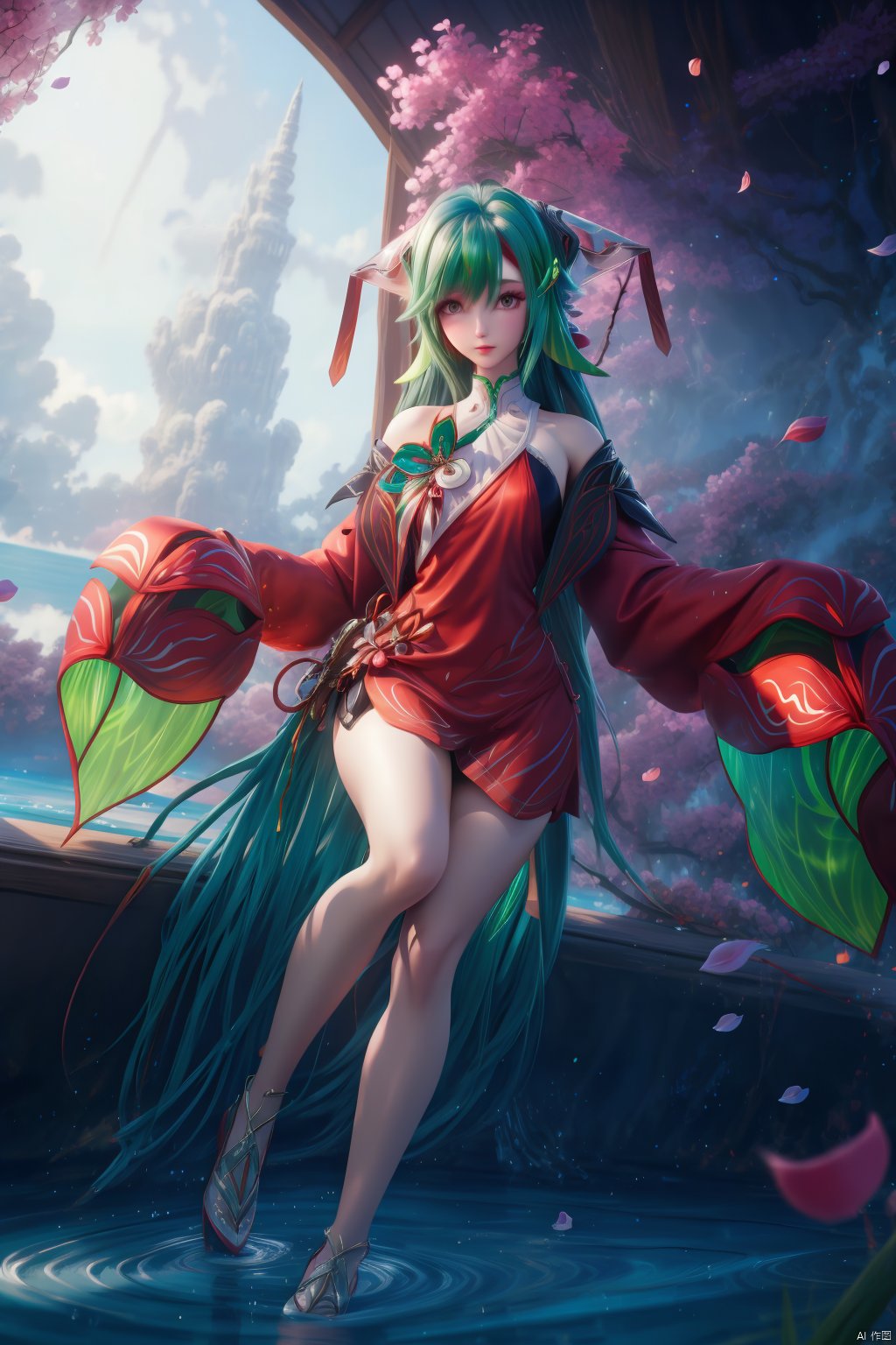 1girl, long hair, looking at viewer,   hair ornament, japanese clothes, green hair,wide sleeves, water, petals, legs,indoors,red dress,bare shoulders,shorts under skirt,