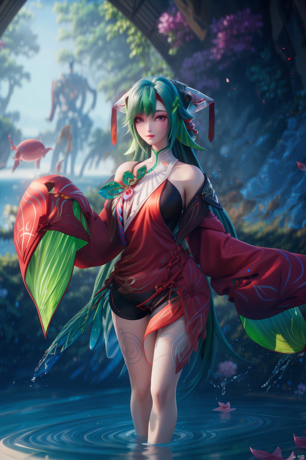 1girl, long hair, looking at viewer,   hair ornament, japanese clothes, green hair,wide sleeves, water, petals, legs,indoors,red dress,bare shoulders,shorts under skirt,