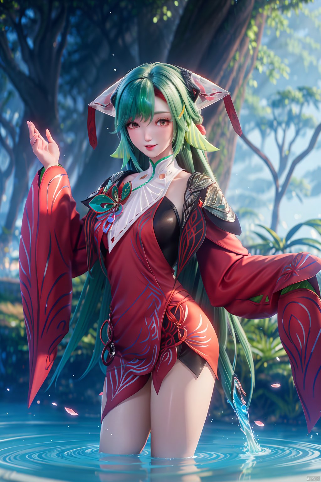 1girl, long hair, looking at viewer,   hair ornament, japanese clothes, green hair,wide sleeves, water, petals, legs,indoors,red dress,bare shoulders,shorts under skirt,