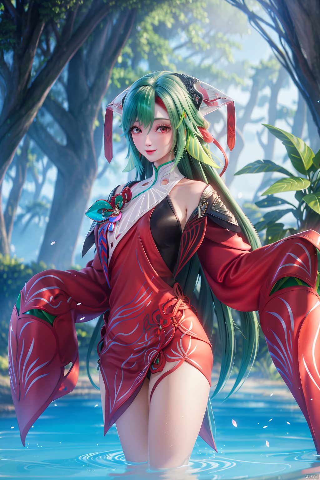 1girl, long hair, looking at viewer,   hair ornament, japanese clothes, green hair,wide sleeves, water, petals, legs,indoors,red dress,bare shoulders,shorts under skirt,