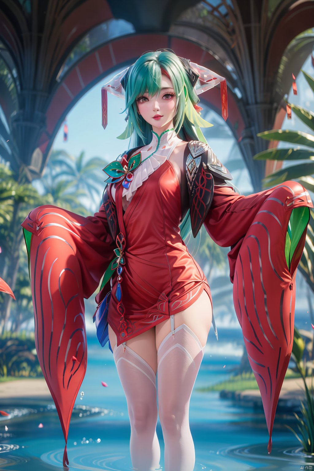 1girl, long hair, looking at viewer,   hair ornament, japanese clothes, green hair,wide sleeves, water, petals, legs,indoors,red dress,bare shoulders,shorts under skirt,