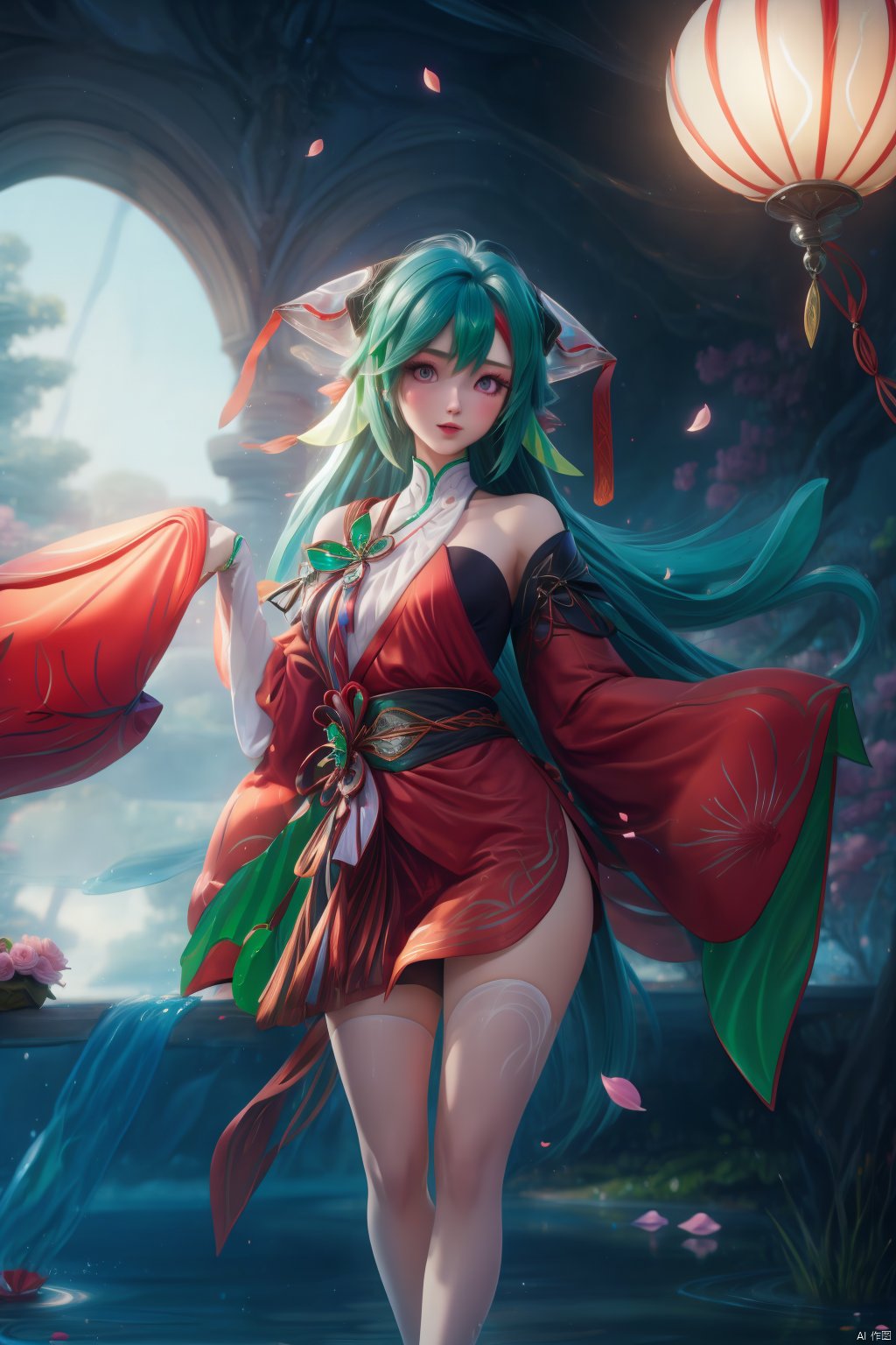 1girl, long hair, looking at viewer,   hair ornament, japanese clothes, green hair,wide sleeves, water, petals, legs,indoors,red dress,bare shoulders,shorts under skirt,