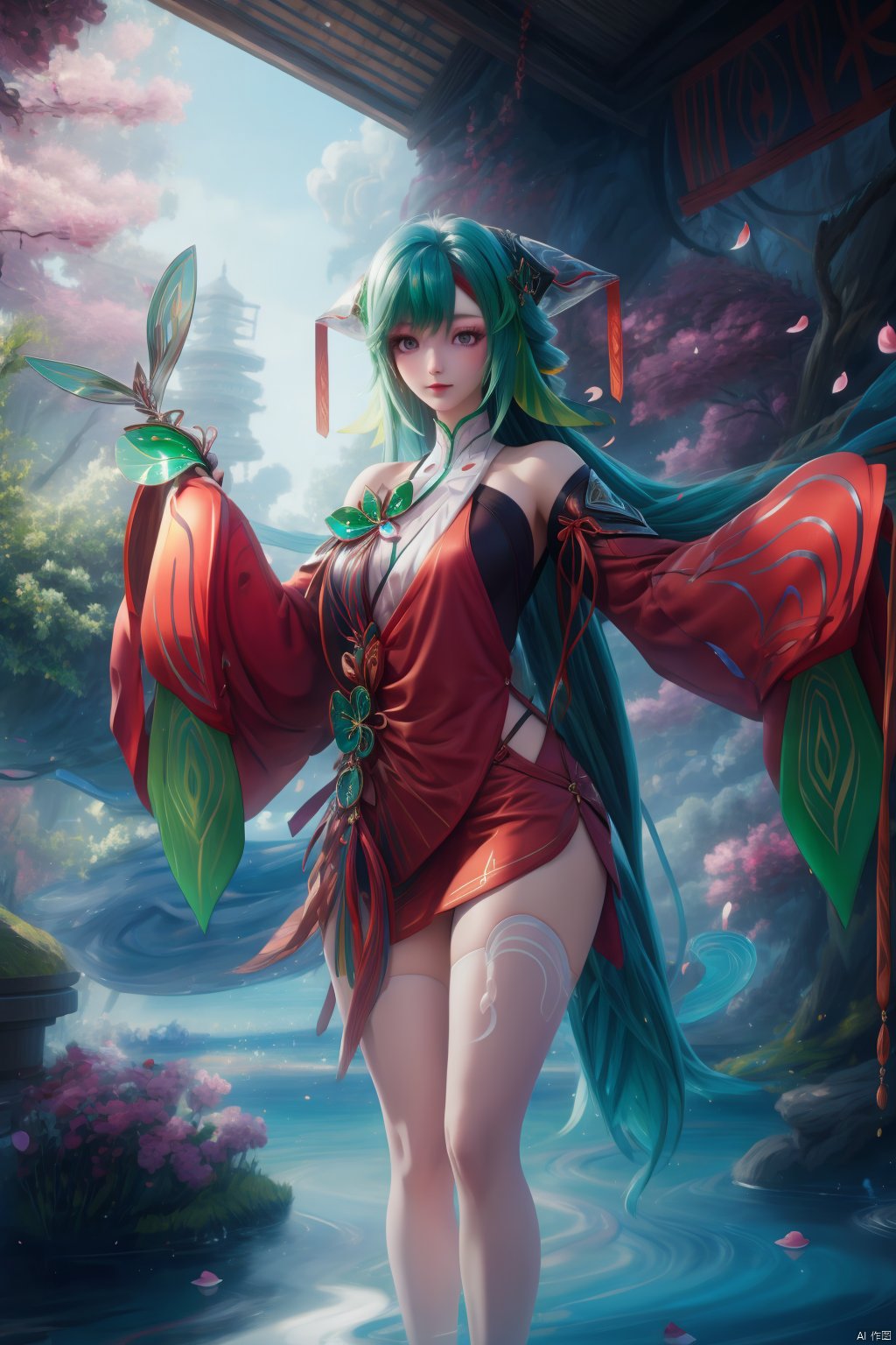 1girl, long hair, looking at viewer,   hair ornament, japanese clothes, green hair,wide sleeves, water, petals, legs,indoors,red dress,bare shoulders,shorts under skirt,