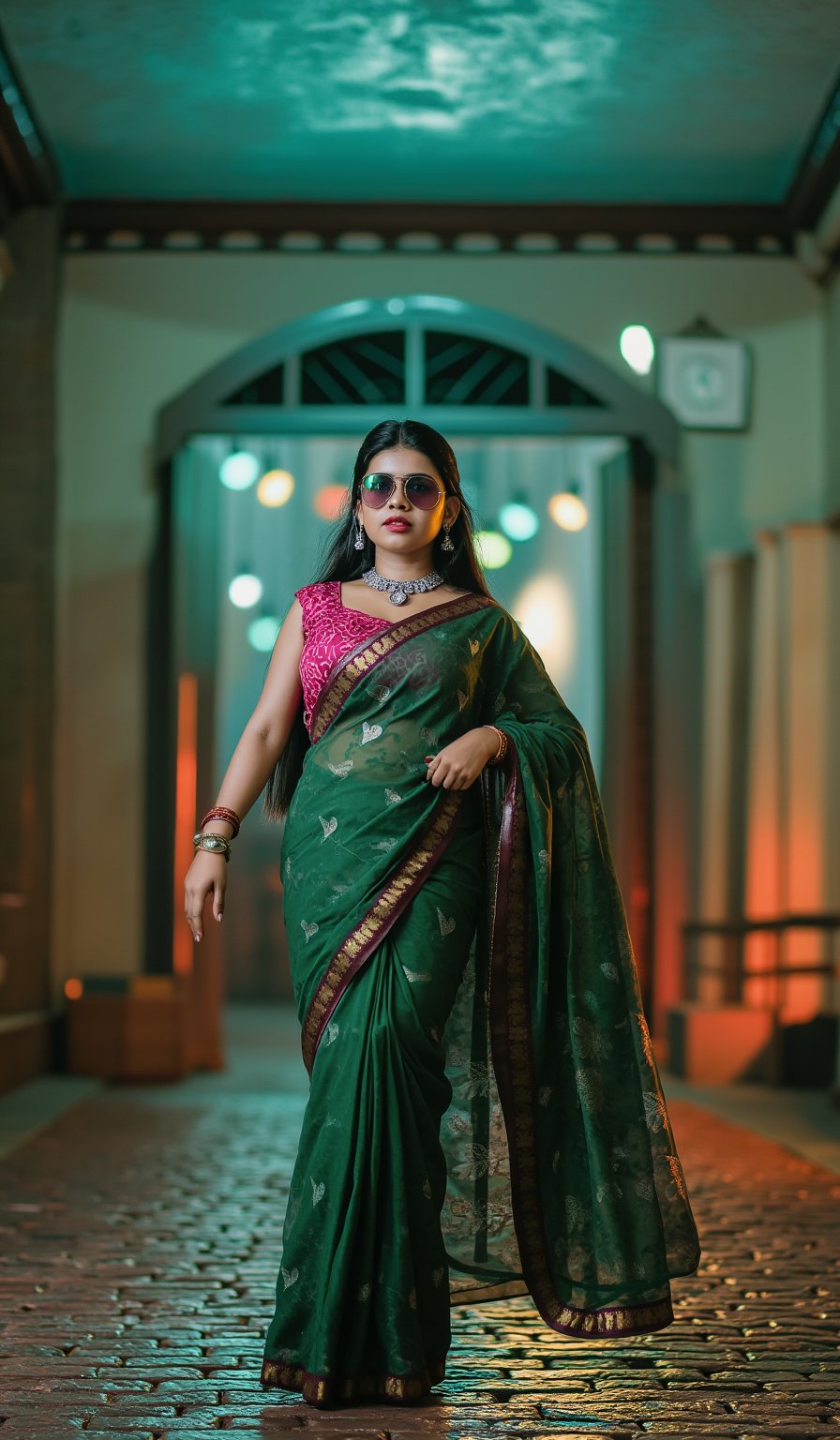 "An Indian woman in a green saree adorned with delicate maroon patterns stands on a cobblestone path. The saree, paired with a vibrant pink blouse, flows elegantly as she poses with poise. Her look is further enhanced by a silver necklace and earrings, adding a touch of sophistication to her appearance. casting a tranquil and serene ambiance around her, highlighting the beauty of her traditional attire." Mallu girl stylish morden dress, nice curvy body, sexy, only traditional ornaments and the dress are not traditional it's morden, pop colour, cinematic colour grading, teal and orange background colour grading, complex pose, action pose, (((cyberpunk theme, blade runner matrix sci-fi movie style))), 32k, high quality, masterpiece, better quality, morden photorealistic CGI, wearing oversized, colorful sunglasses, and patterned turtleneck, abstract, textured background | pop art style, bold colors, detailed, highly stylized | photorealistic | studio lighting