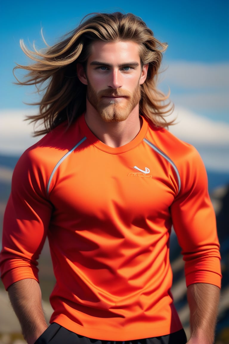 (masterpiece, only realistic, best quality), perfect professional photo of a handsome Welsh man called herin, he has pale-brown messy long hair, beard, wearing sportswear, outdoors, uhd, highres, high-definition, vibrant, matte, colorful, exceptional epic photo portrait, symmetry is excellent,